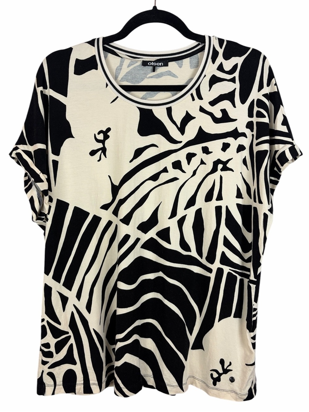 Olsen Abstract Print Short Sleeve Top Size 12 Black White Viscose Stretch Modern